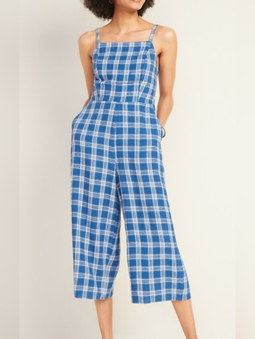 Old Navy Blue Plaid Square-Neck Linen-Blend Cami Jumpsuit Size XXL